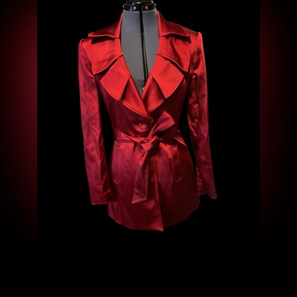 Cache Red heavy satin evening blazer with waist tie.  Beautiful shade of red! - Picture 5 of 8